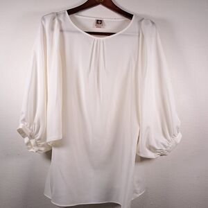 Anne Klein White Sheer Blouse Sz Large Bubble Sleeve Classic City 3/4 Sleeve